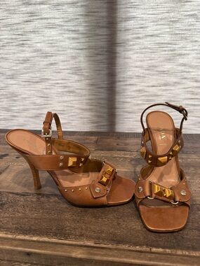 Prada Brown Leather Studded Heeled Sandals